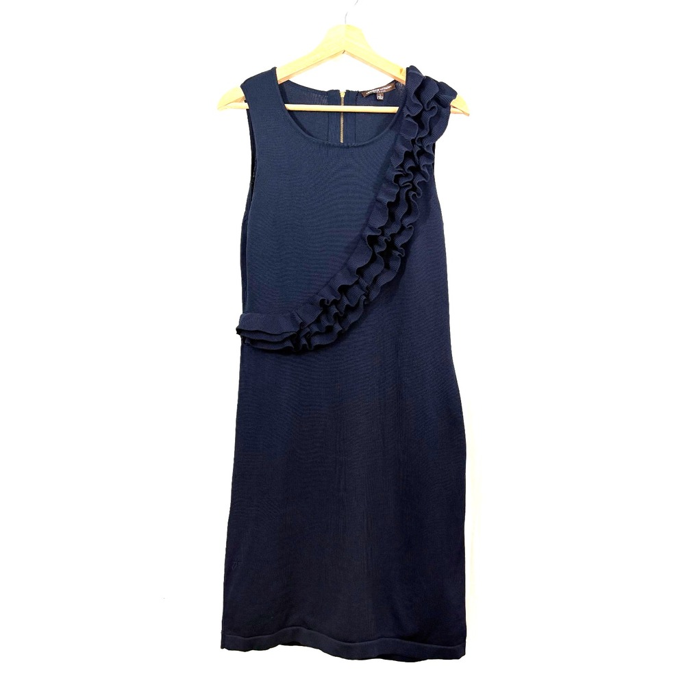 Adrienne Vittadini Navy Blue Stretch Knit Dress Sleeveless Ruffle Size L